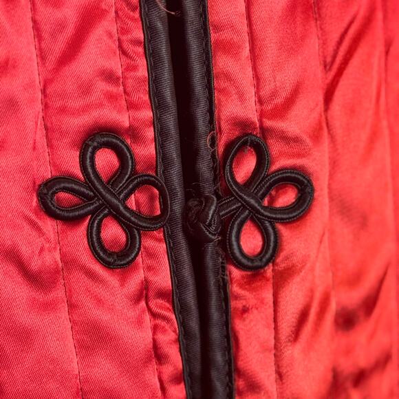 Vintage Neiman-Marcus Quilted Satin Jacket Frog Closures Mandarin Collar M Red - Picture 7 of 16